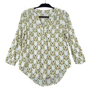 Hinge Womens Pineapple Print Dobby Dot Blouse White Yellow Green Size Medium